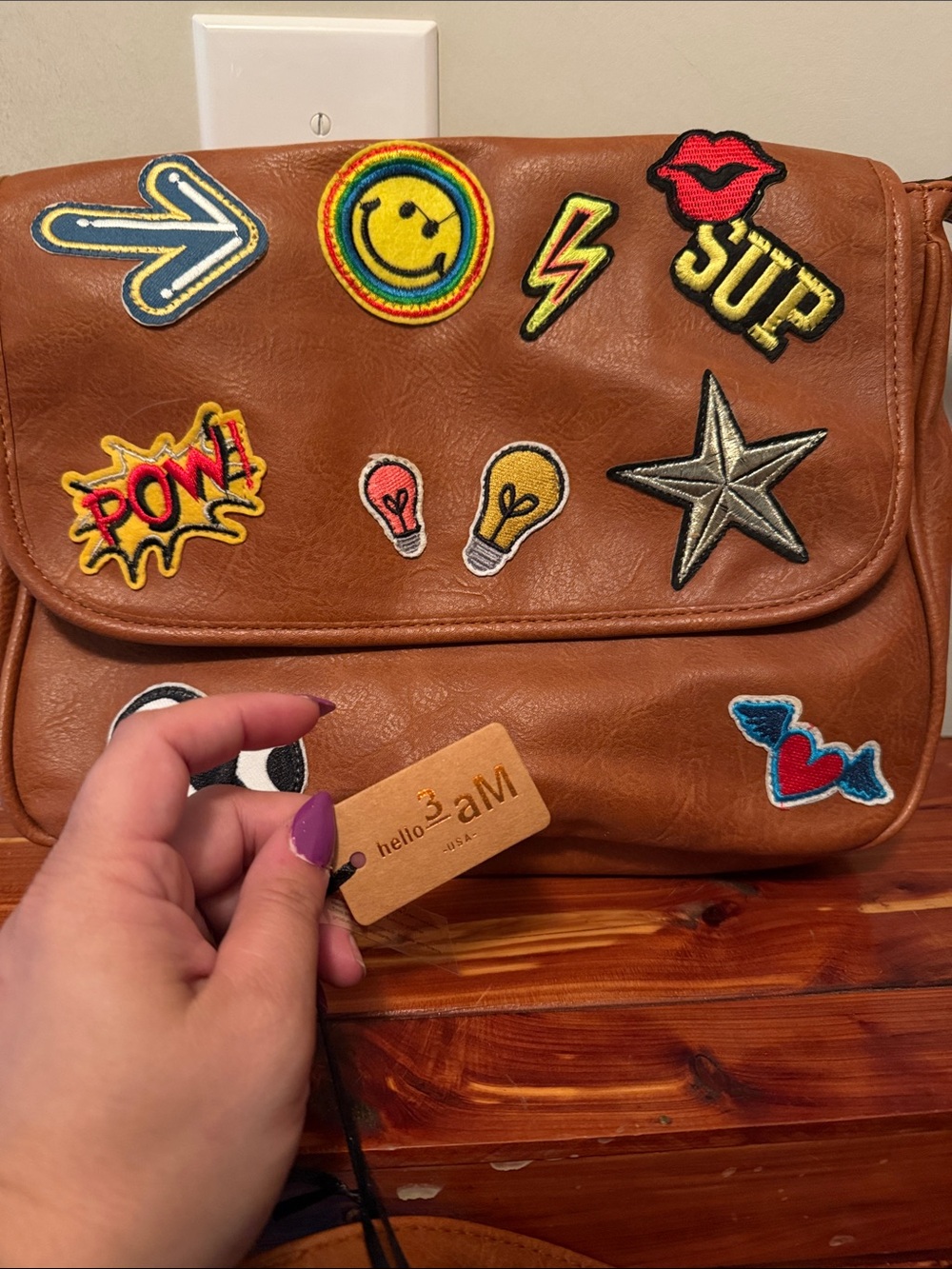 Brown Patchwork Crossbody Bag with Colorful Patch Accents - Picture 2 of 5